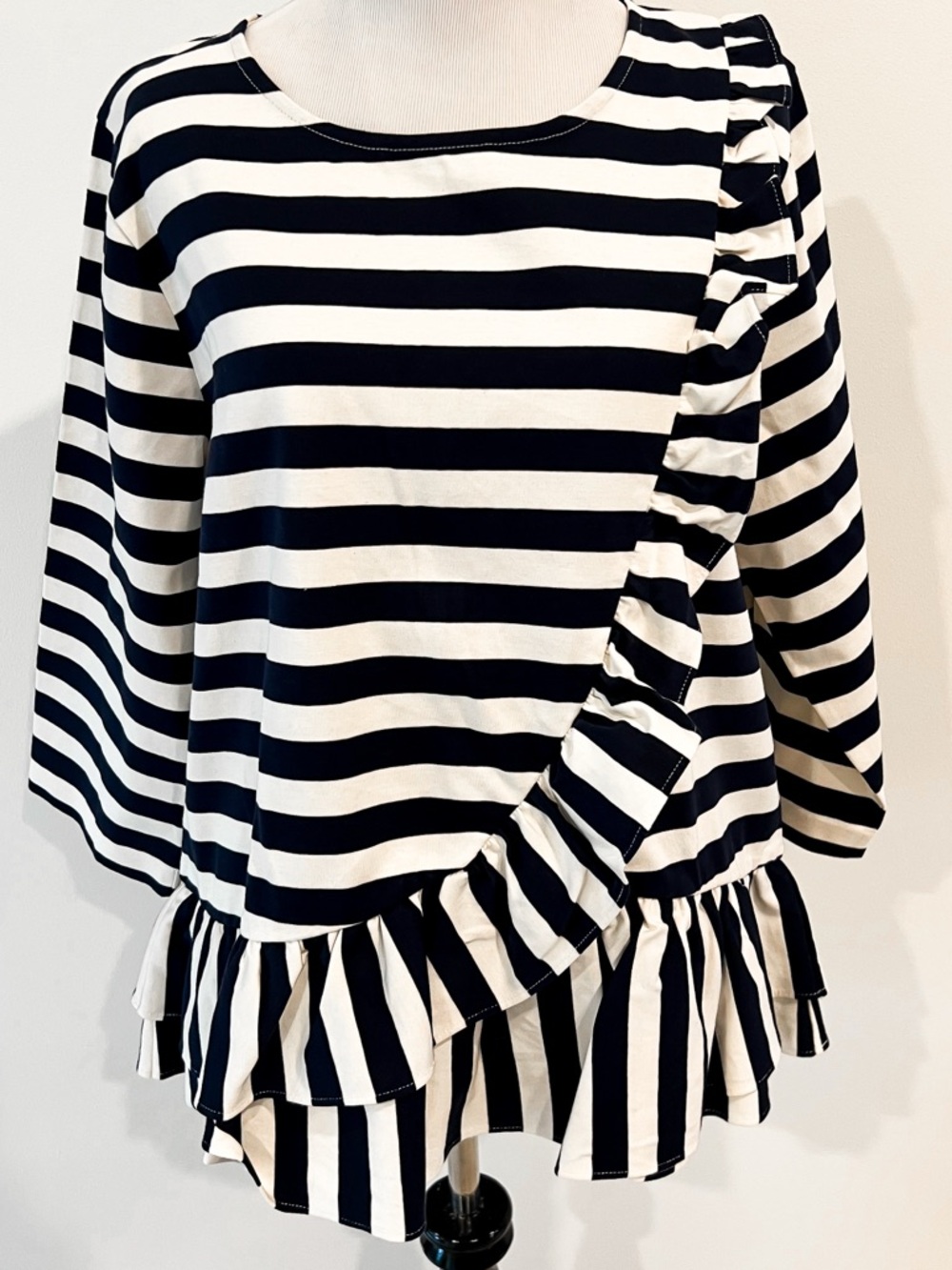 NWT J. Crew Navy Blue and White Striped Long Sleeve Ruffle Hem Shirt Womens XL - Picture 2 of 13